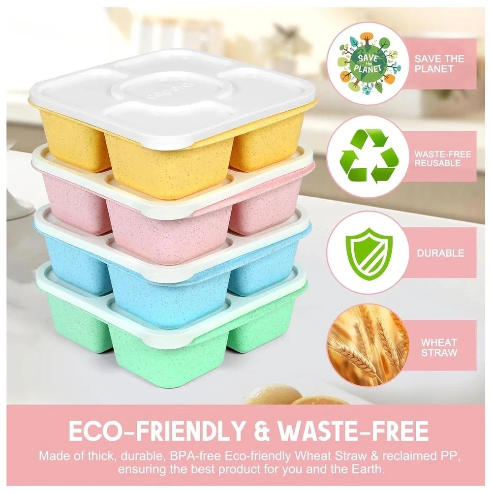 4 Pack Wheat Straw Bento Lunch Boxes 5 Compartment Food Storage Containers Set
